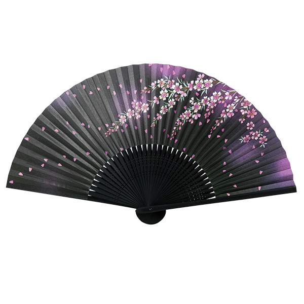 婦人用扇子 黒染中彫 黒地 しだれ桜