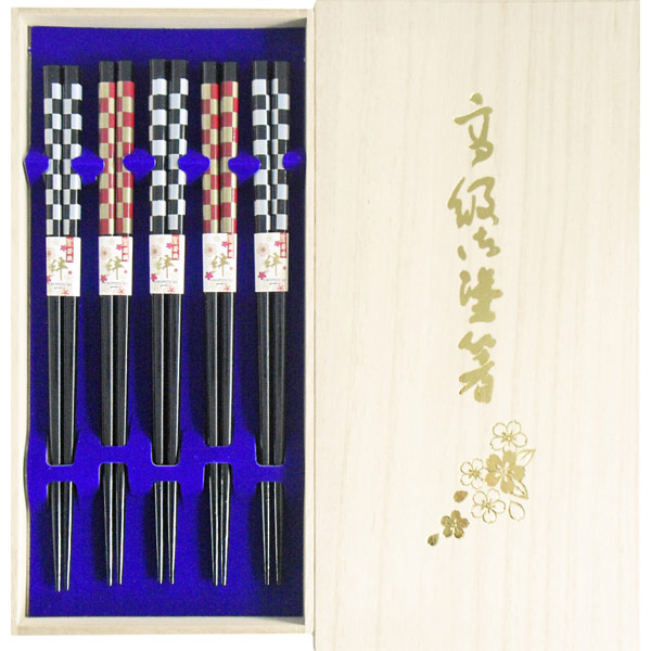 塗箸 市松文様 5膳桐箱入