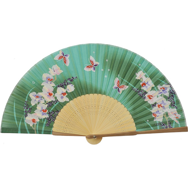 婦人用シルク扇子 カトレアと蝶 緑