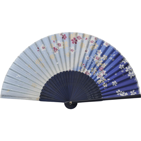 婦人用シルク扇子 流れ桜 ラメ入り青
