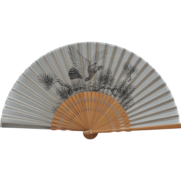 紳士用シルク扇子 鷹に松（羽白）