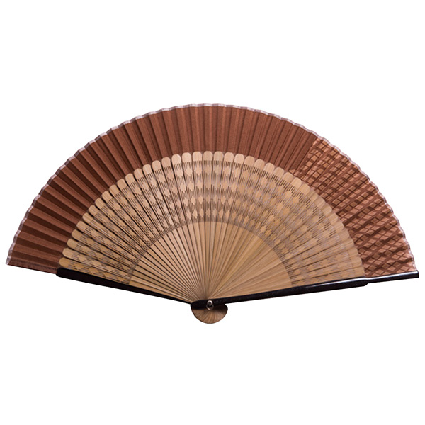 シルク扇子 孔雀 茶 短地