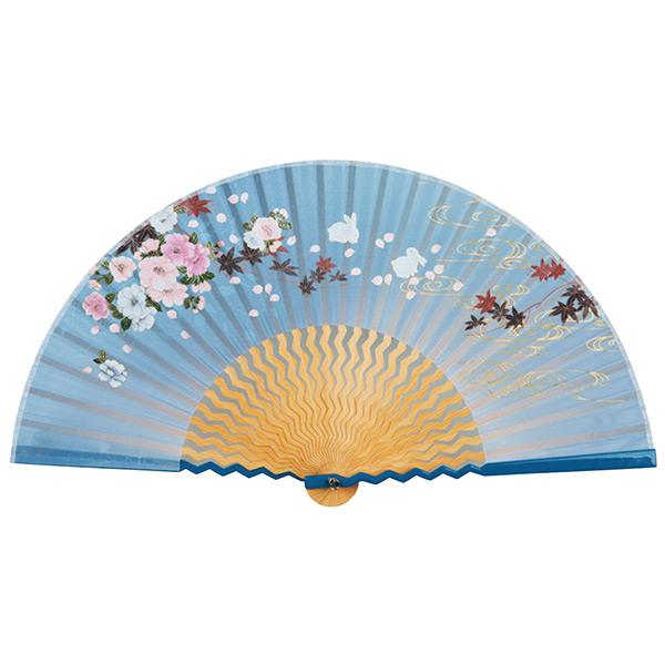 婦人用シルク扇子 うさぎと桜 水色 WP
