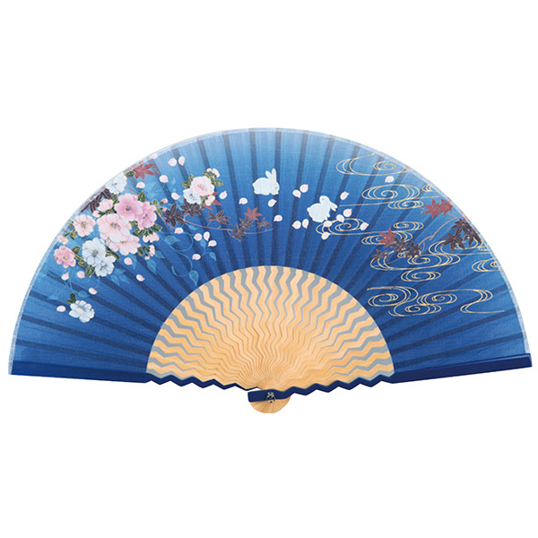 婦人用シルク扇子 うさぎと桜 藍色 WP