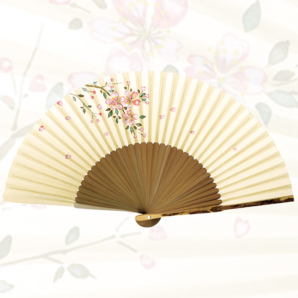 婦人用 純国産紙扇子 親斑竹中短地手描絵 桜