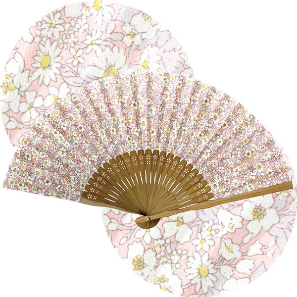婦人用布扇子 フラワー ピンク・白花