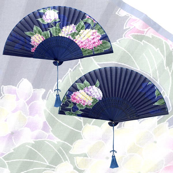 婦人用布扇子 藍染 紫陽花