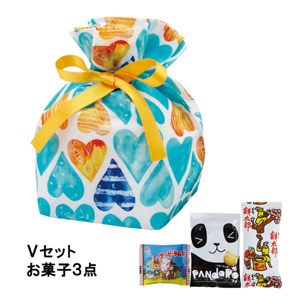 巾着　特小　水色ハート柄FP　Vセット（駄菓子3点セット）
