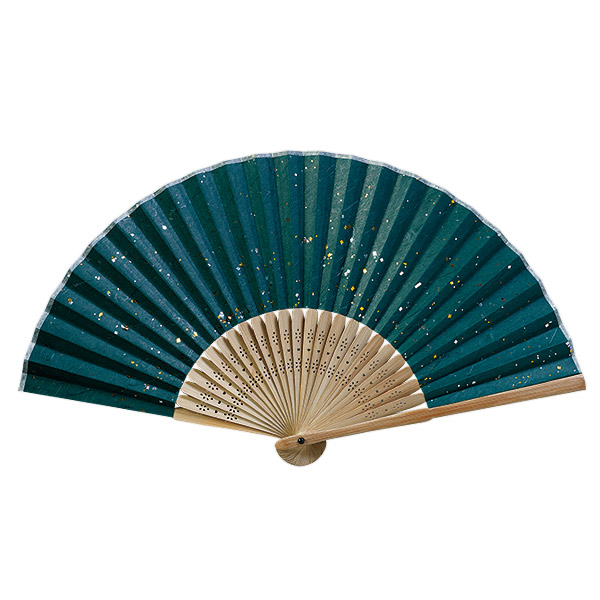 彩り和紙扇子 唐木中彫 金小石（深緑）